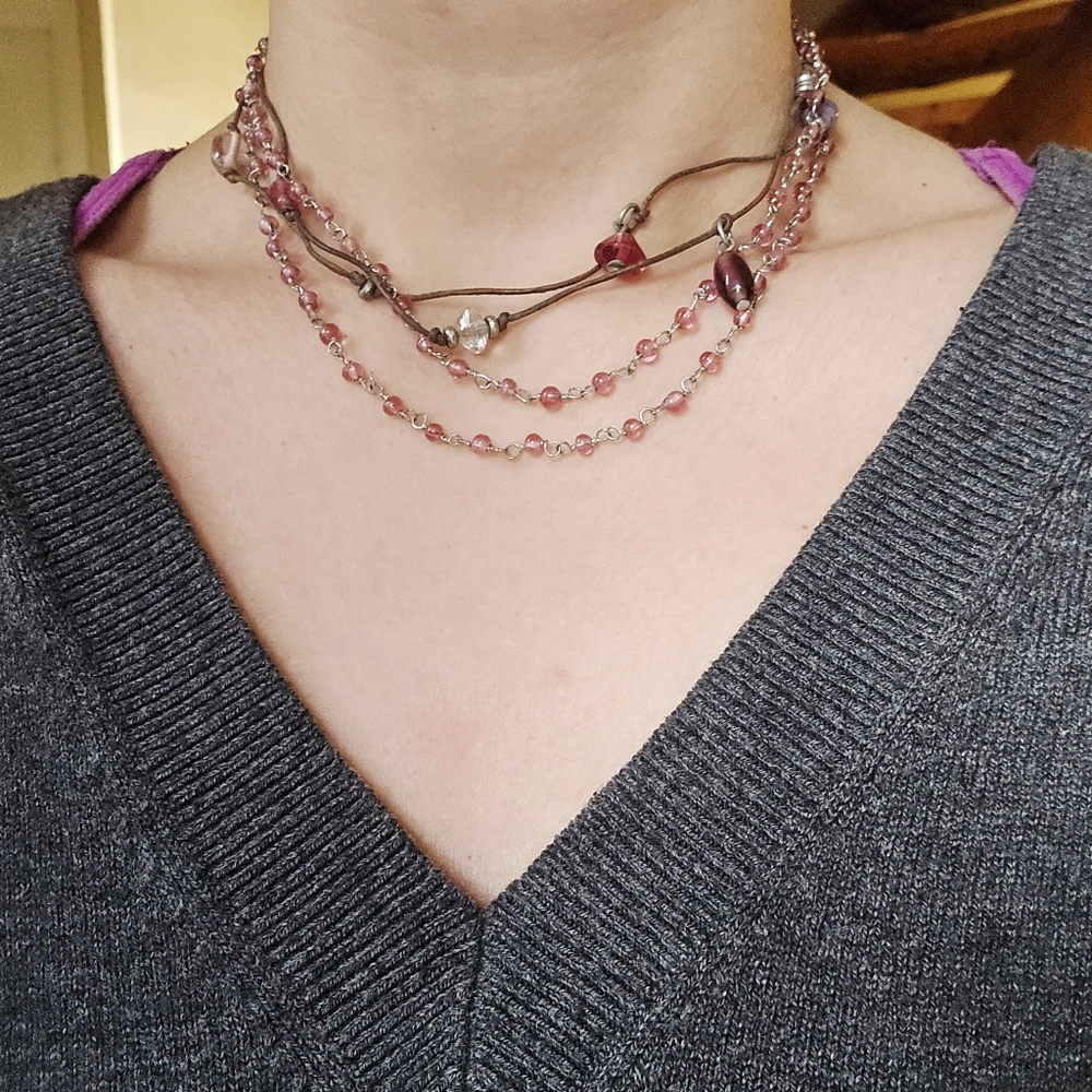 Vintage Pink Glass Beaded Boho Layer Bohemian Necklace